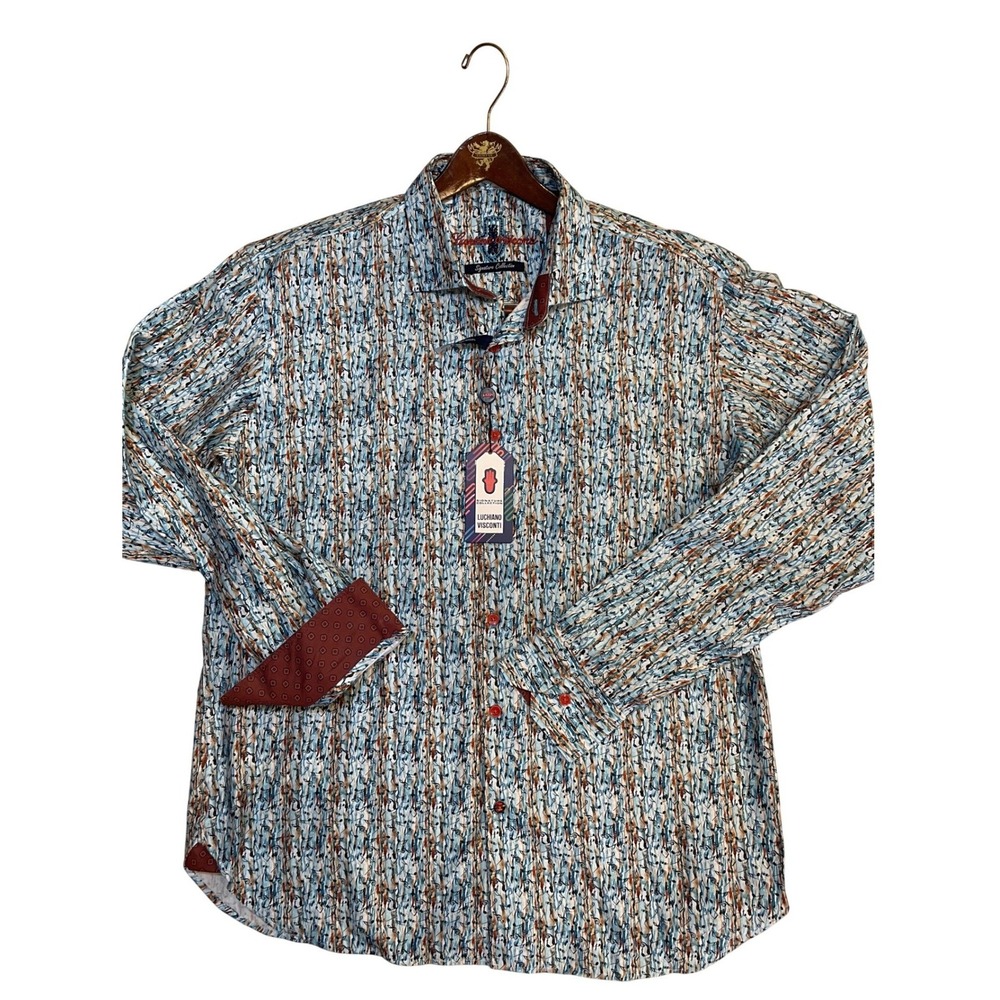 Luchiano Visconti Signature Collection Mens XL‎ Music Notes Dress Shirt Blue